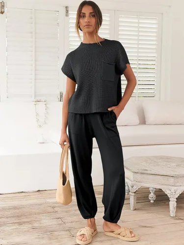 Vista 3 de Caracilia Conjunto de dos piezas para mujer, conjunto de suéter de punto a juego, conjunto de ropa deportiva de verano a la moda