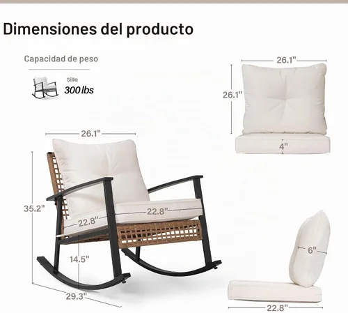 Vista 2 de LAUSAINT HOME Mecedora de mimbre para exteriores, silla de patio de gran tamaño, cómoda silla mecedora con cojín grueso, silla moderna y acogedora