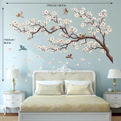 Vista 6 de DECOWALL SG4-2317 Vinilo adhesivo para pared con flores orientales y ramas de cerezo, diseño de pájaros, para habitación de niños, decoración