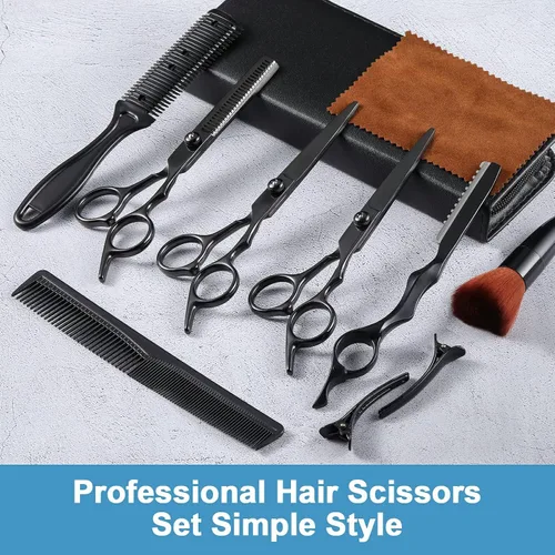 Vista 2 de Juego de 11 tijeras profesionales para el cabello, suministros de peluquería de acero inoxidable, incluyendo tijeras rectas, tijeras para adelgazar