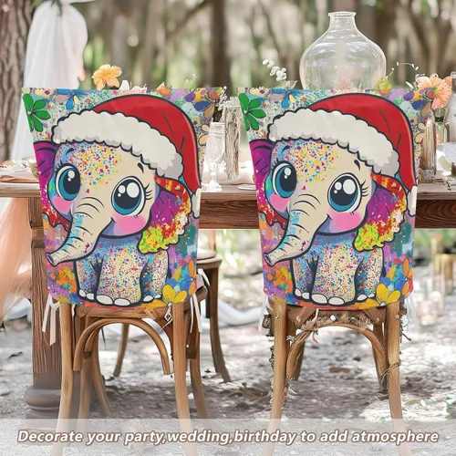 Vista 6 de Juego de 6 fundas decorativas para sillas de comedor con diseño de elefante de Feliz Navidad