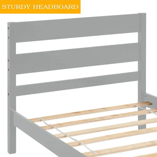 Vista 4 de Base de cama individual de madera con cabecero y estribo, base de colchón de plataforma individual con soporte de listones de madera para niñas