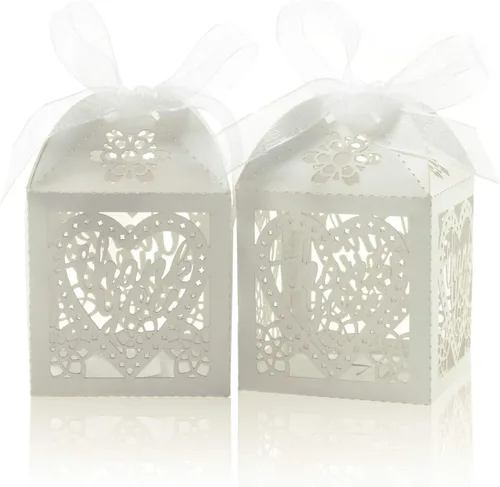 Vista 11 de COTOPHER Cajas cortadas con láser, 60 cajas de regalo de agradecimiento, cajas de regalo de boda, cajas de dulces de encaje para bodas, despedidas