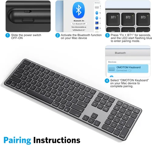 Vista 8 de OMOTON Teclado Bluetooth compatible solo con Mac, con teclado numérico, teclado inalámbrico recargable compatible con MacBook Pro/Air, iMac, Mac
