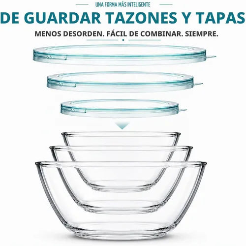 Vista 5 de Luvan Juego de cuencos de vidrio para mezclar con tapas (4.5 cuartos de galón, 2.7 cuartos de galón, 1.1 cuartos de galón), cuencos de vidrio Azul