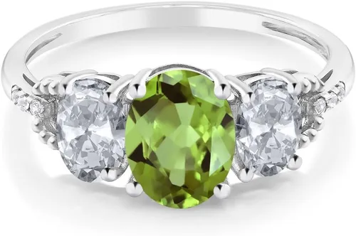 Vista 33 de Anillo de compromiso ovalado de oro blanco de 10 quilates con piedra natal y topacio blanco de 3 piedras con detalles de diamante Centro de 0.315