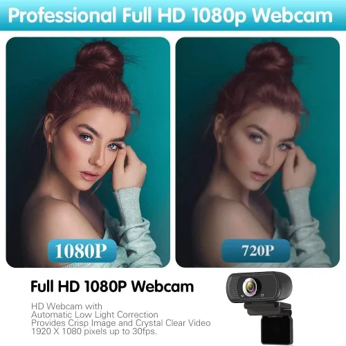 Vista 5 de Webcam HD 1080p, cámara HD para transmisión en vivo con micrófono estéreo, cámara web USB para PC de escritorio o portátil con ángulo de visión