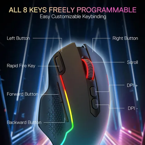 Vista 6 de Redragon M810 MAX - Mouse inalámbrico para juegos de 3 modos, 12000 DPI con cablemouse RGB inalámbrico con llave de fuego rápido, 8 botones macro