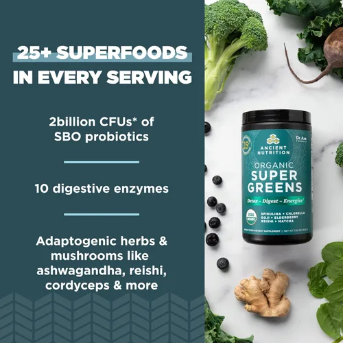 Vista 6 de Ancient Nutrition Polvo orgánico SuperGreens, 25 porciones + polvo de proteína de colágeno múltiple, sin sabor, 45 porciones