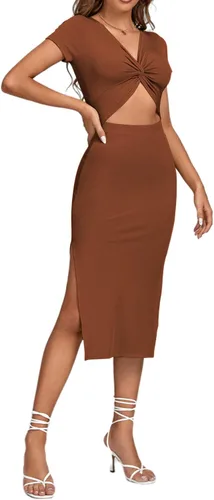 Vista 3 de LYANER Vestido midi de punto de manga corta con cuello en V y corte frontal para mujer