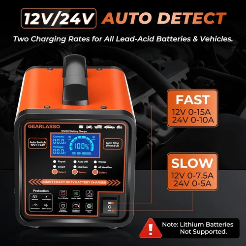 Vista 3 de Cargador de batería de coche de 12 V 24 V resistente, mantenedor de batería automático de 0-15 A con apagado automático, modo de reparación e