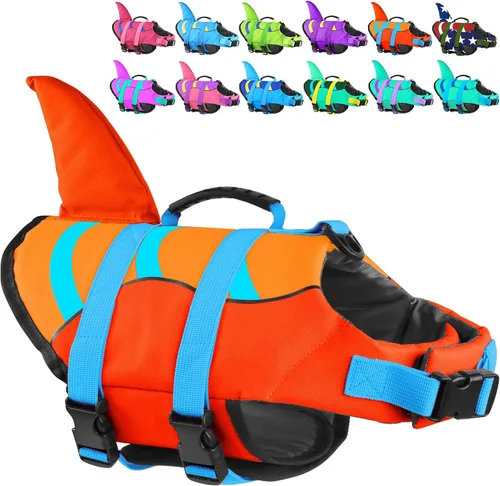 Vista 16 de Chaleco salvavidas para perros de Fragralley Shark, chaleco salvavidas ajustable para perros con aleta de tiburón, adecuado para perros pequeños