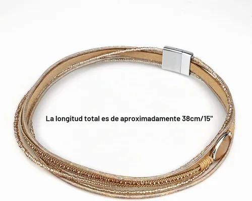 Vista 4 de Suyi Pulsera trenzada de cuero multicapa para mujer, con hebilla magnética Caqui