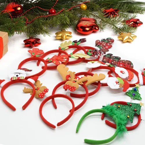 Vista 5 de DINESIL Paquete de 12 diademas de Navidad, lindos toppers de Navidad, árbol de Navidad, reno, muñeco de nieve, para mujeres, hombres, niños, cabina