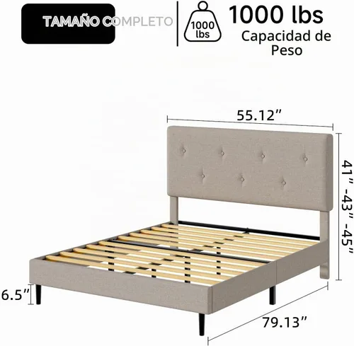 Vista 2 de Marco de cama de lino tamaño matrimonial con cabecero ajustable Beige
