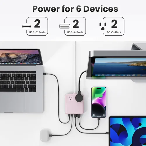 Vista 8 de Estación de carga de 135W con tira de alimentación USB C, bloque cargador USB C GaN 6 en 1 con enchufe y cable de 5 pies, 2 AC, 2 USB-A, 2 USB-C