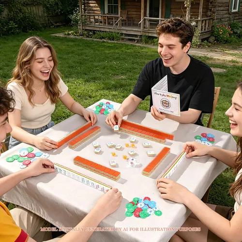 Vista 6 de Juego de azulejos Mahjong americanos de acrílico de 4 capas grabadas Naranja oscuro