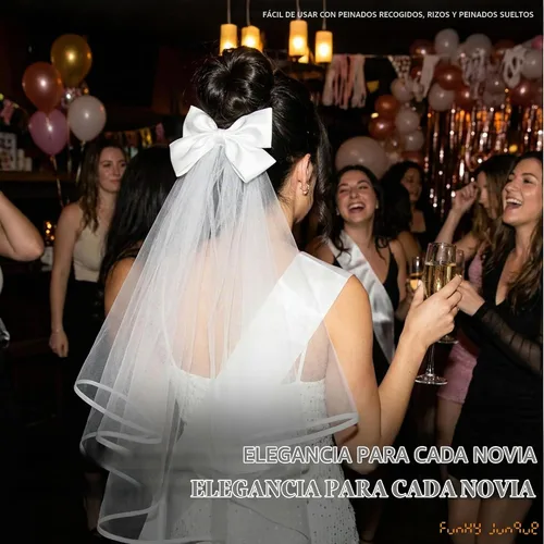 Vista 6 de Funky Junque Velo de novia con lazo, velo blanco para despedida de soltera para boda, despedida de soltera y regalos de compromiso Arco de satén