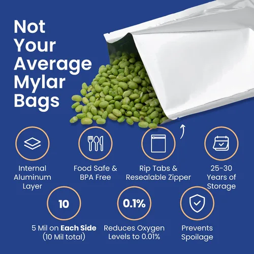 Vista 5 de Wallaby 30 bolsas de Mylar de 1 galón con absorbentes de oxígeno de 400 cc, bolsas de almacenamiento de alimentos a largo plazo de 10 mil de grosor