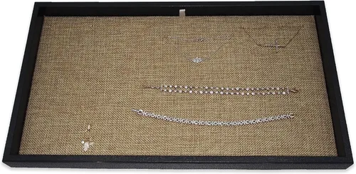 Vista 8 de CuteBox Bandeja de plástico negro con inserto de arpillera en U dorado para venta al por menor, mercancía, joyería, exhibición, organización