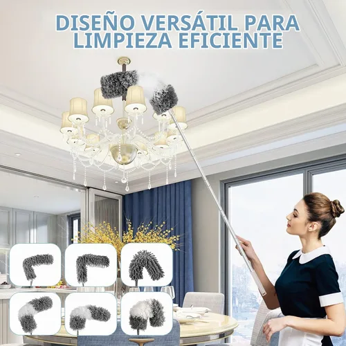 Vista 2 de Plumero de microfibra con poste de extensión de 30 a 100 pulgadas, reutilizable, flexible, lavable para limpiar ventilador de techo, techo alto