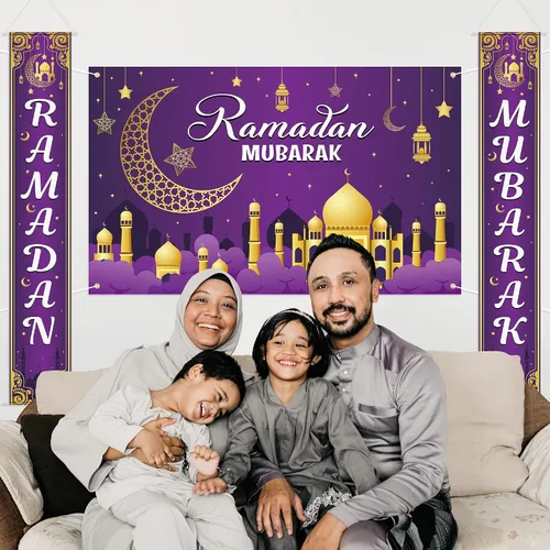 Vista 2 de Decoraciones de Ramadán, decoración de pancartas de Ramadán Mubarak, decoración de castillo musulmán de luna Eid para el hogar, decoración