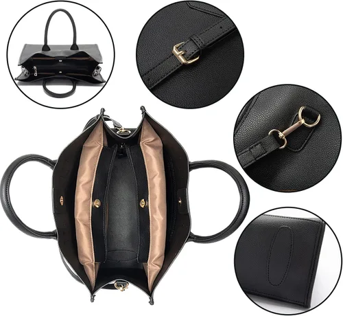 Vista 5 de Bolso de mano para mujer, impermeable, de piel sintética, maletín de negocios, gran capacidad, bolso de hombro, bolsa de trabajo de oficina, negro