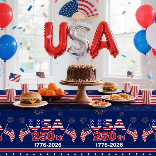Vista 3 de Kelool Decoraciones del 250 aniversario de Estados Unidos, paquete de 3 manteles patrióticos de 54 x 108 pulgadas, mantel rectangular desechable