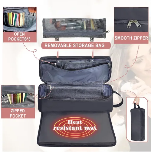 Vista 3 de Bolsa de Viaje para Herramientas de Cabello con Alfombrilla Resistente al Calor Estuche de Almacenamiento de Accesorios de Peinado para Secador