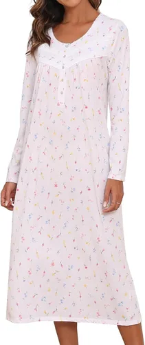 Vista 17 de Camisones largos de algodón para mujer, 100% algodón, vestido de noche de manga larga para mujer, ropa de dormir vintage A rosa
