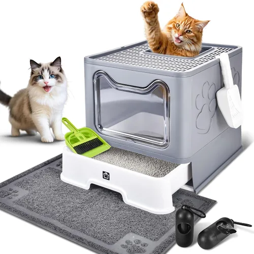 Vista 13 de Caja de arena cubierta para gatos con alfombrilla de arena, plegable, extra grande, puerta ajustable de doble entrada, diseño de cajón, caja de Azul