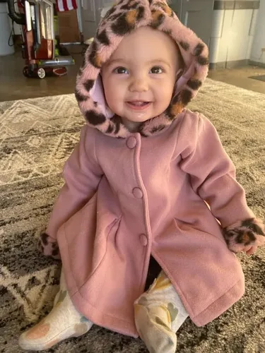 Vista 3 de Eghunooy Chaqueta de forro polar para bebé niña, manga larga, con botones, leopardo, con capucha, mezcla de lana, ropa de abrigo