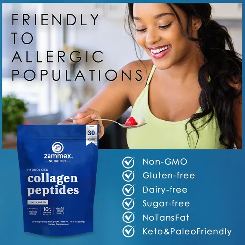Vista 6 de Zammex Péptidos de colágeno alimentados con pasto tipo 1 y 3 sin sabor, proteína keto rica en péptidos para mezcla de café y bebidas, soporte