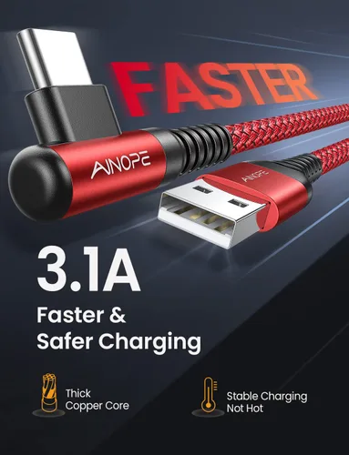 Vista 3 de AINOPE - Cable USB C a USB [Paquete de 3 unidades 3.3 pies/6.6 pies/10 pies] 3.1A USB carga rápida en ángulo recto, cable de carga USB C trenzado