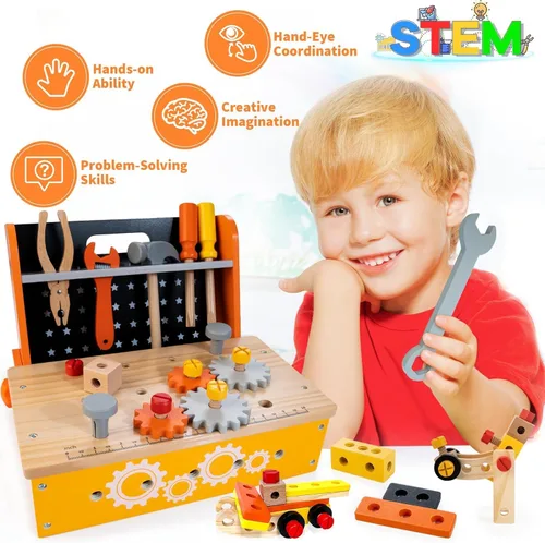 Vista 6 de Wooden Kids Tool Bench 54 PCS Montessori STEM Tool Set for Toddlers Age 3+