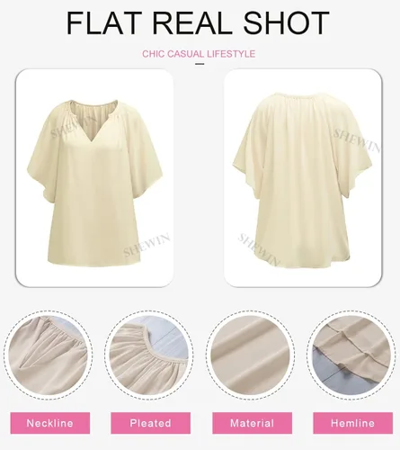 Vista 4 de SHEWIN Blusa casual de gasa con cuello en V para mujer, holgada, manga 34, plisada, holgada