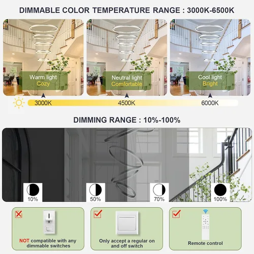 Vista 106 de Benkut Lámpara de Araña de Anillo LED Moderna Negra para Comedor, Lámpara de Araña de Techo Circular Empotrada Regulable con Control Remoto