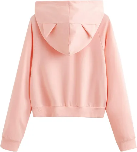 Vista 2 de Sudadera SweatyRocks corta con capucha, manga larga, con estampado de gato, para mujer