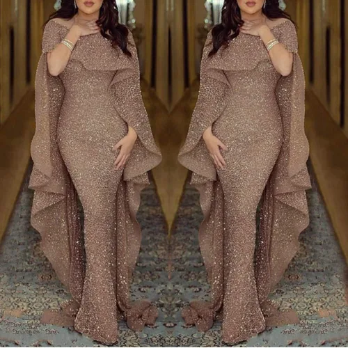 Vista 2 de Vestido de Año Nuevo, sexy, de color sólido, manga corta, con lentejuelas, vestido largo completo con capa, vestido de lentejuelas, vestidos de baile