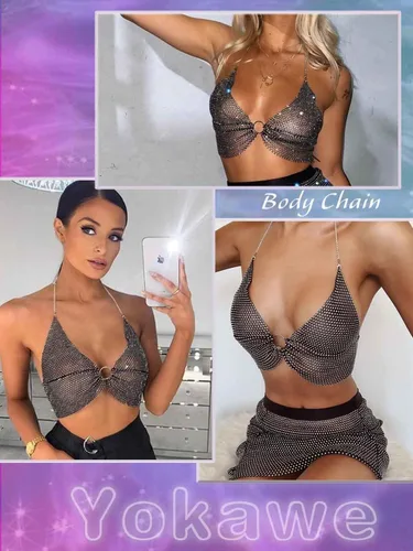 Vista 7 de Yokawe Sujetador de cristal sexy, cadena de cuerpo negro brillante con diamantes de imitación para bikini, brasier corto, fiesta, rave, festival