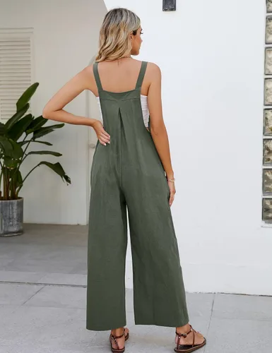 Vista 5 de Overol con peto para mujer, cuello cuadrado, sin mangas, ajustable, casual, de algodón, de pierna ancha, holgado, con bolsillos, 2024