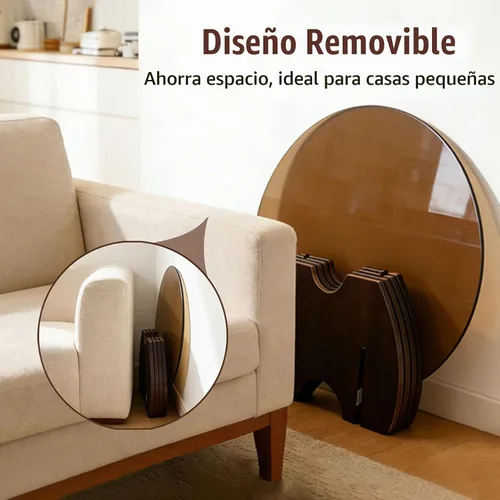 Vista 5 de Mesa de centro redonda de cristal, 30 pulgadas de diámetro, tapa templada marrón con patas de madera maciza de nogal, caballete central moderno
