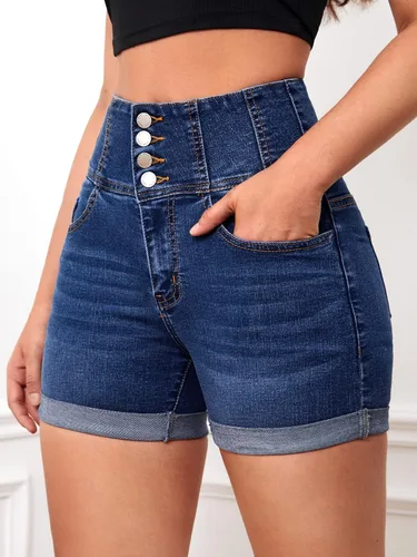 Vista 4 de Floerns Pantalones cortos de mezclilla casuales de cintura alta con botones para mujer