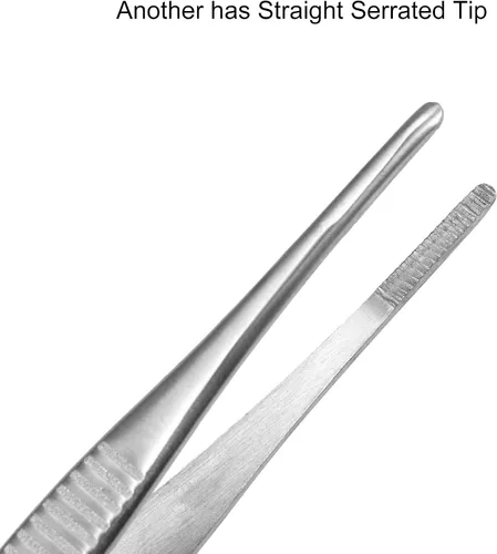Vista 4 de Pinzas de acero inoxidable de 5 pulgadas con punta dentada recta y curvada, pinzas multiusos para reparación de manualidades, paquete de 2