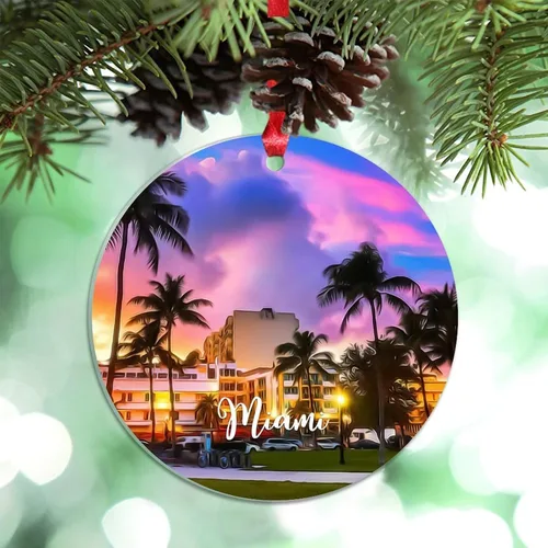 Vista 13 de Florida USA - Adornos de Navidad acrílicos de Miami, paisaje urbano, decoraciones de Navidad para árbol de viaje, recuerdo, adornos de Navidad