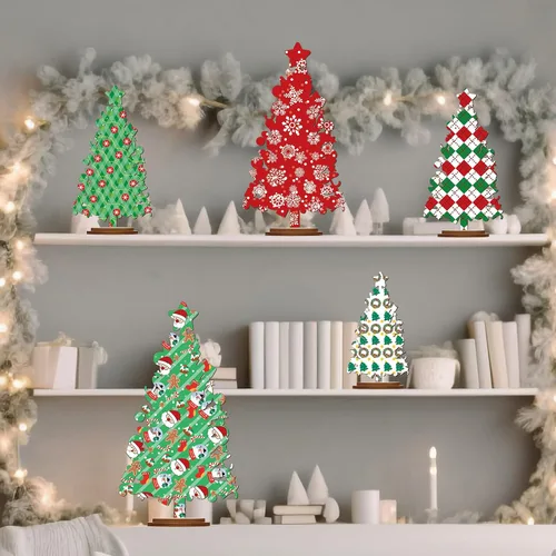 Vista 5 de 5 piezas de decoración rústica de madera para árbol de Navidad, centro de mesa independiente para mantel del hogar o bandeja escalonada