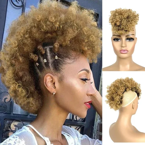Vista 8 de UA Jerry Curls Mohawk - Cola de caballo sin cordón con flequillo, sintético, corto, afro, rizado, 6 clips BB (2#, negro natural)