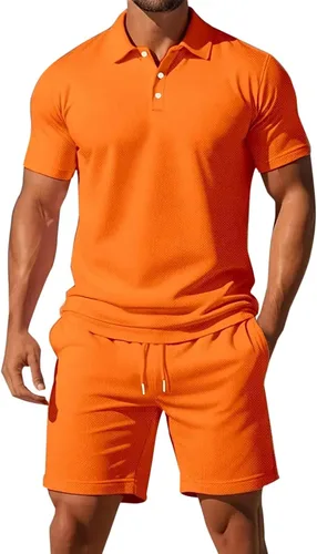 Vista 4 de Conjunto deportivo de 2 piezas para hombre, conjunto deportivo casual de polo y pantalones cortos, conjunto deportivo de verano, playa, talla grande