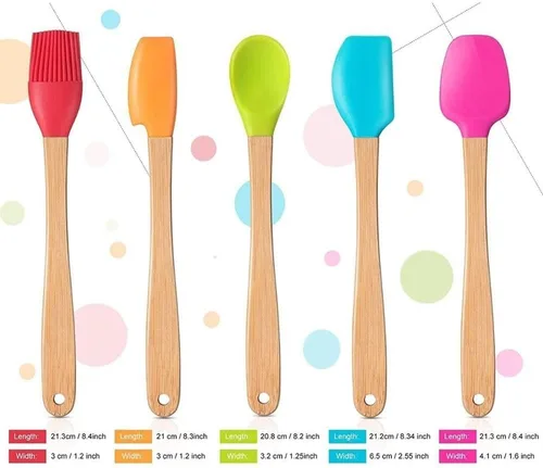 Vista 3 de Mini espátula de silicona, espátula, espátula, espátula con mango de madera, antiadherente, resistente al calor, utensilios de cocina (5 unidades)