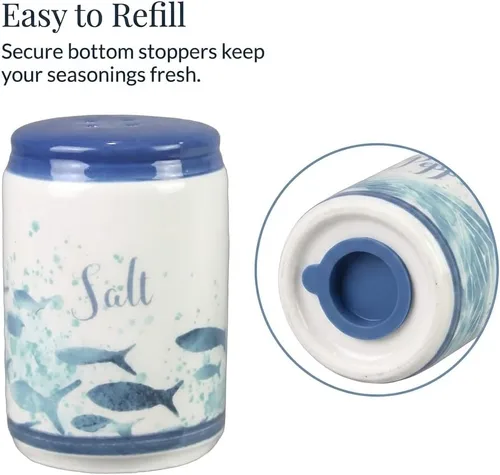 Vista 4 de Beachy Blue Fish & Ocean Waves - Salero y pimentero de cerámica Decoración funcional pintada a mano en azul y blanco costero para cocina y comedor